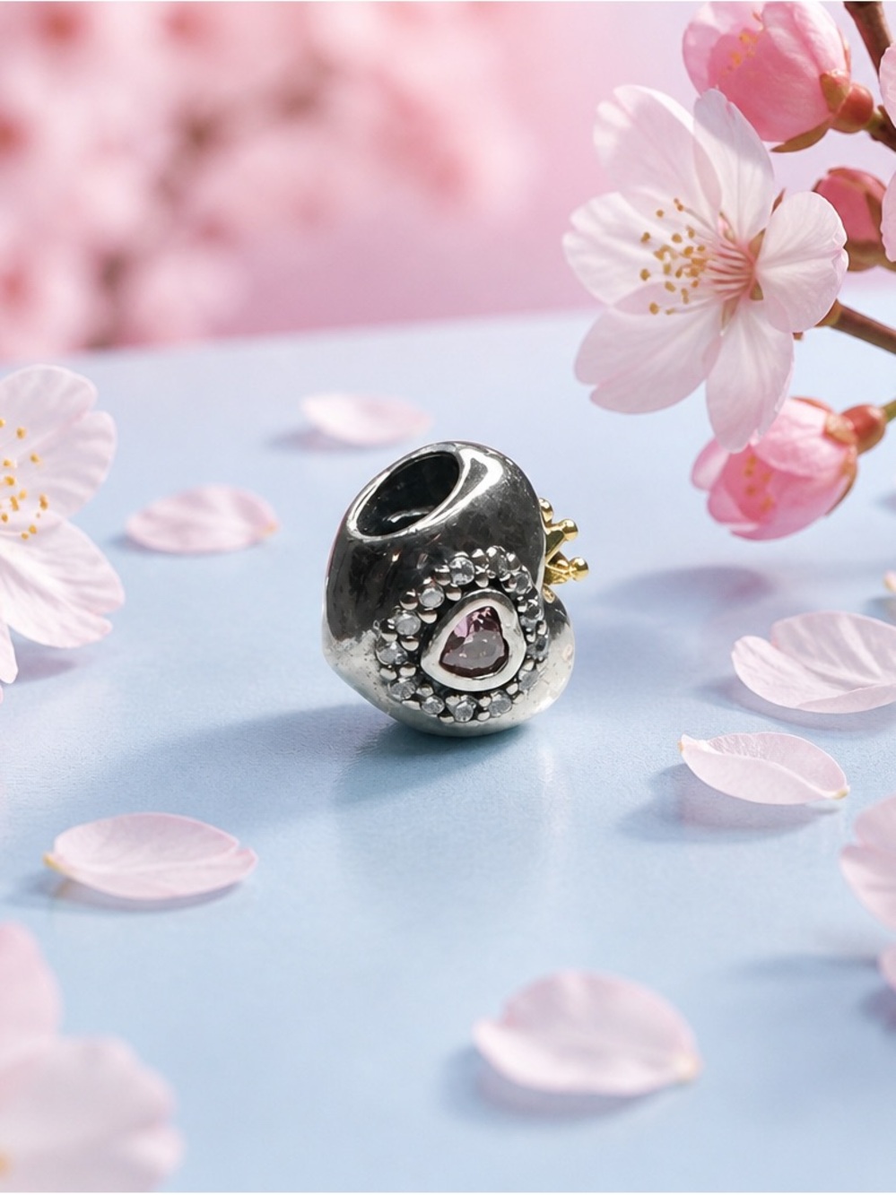 Heart Accent Silver Charm Bead with Pink Stone new with out tag
